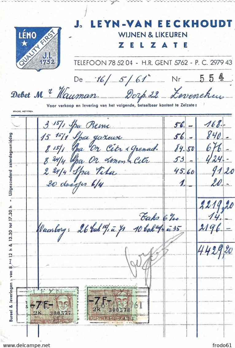 WIJNEN En LIKEUREN J. LEYN -VAN EECKHOUDT, ZENO, ZELZATE, 1961 - Facturas