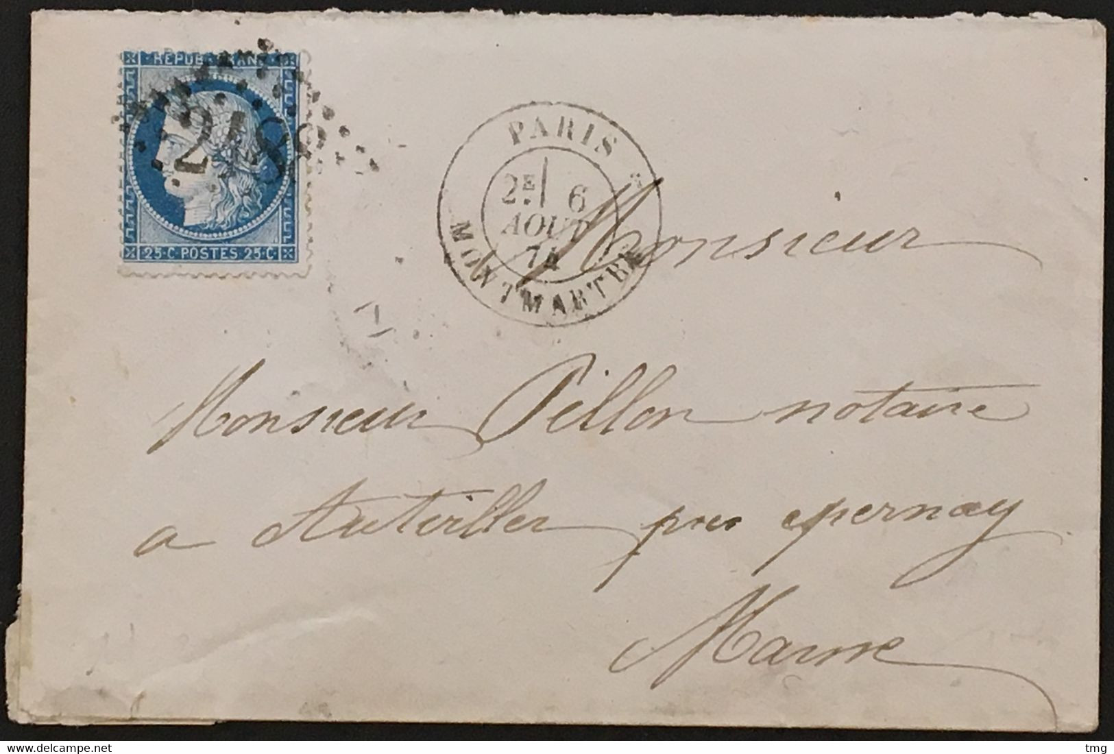 Enveloppe 60A LGC 2488 Montmartre Seine (et Paris) (60) à Epernay Ambulant Paris Avricourt 6.08.74 France – 9bleu - 1849-1876: Classic Period