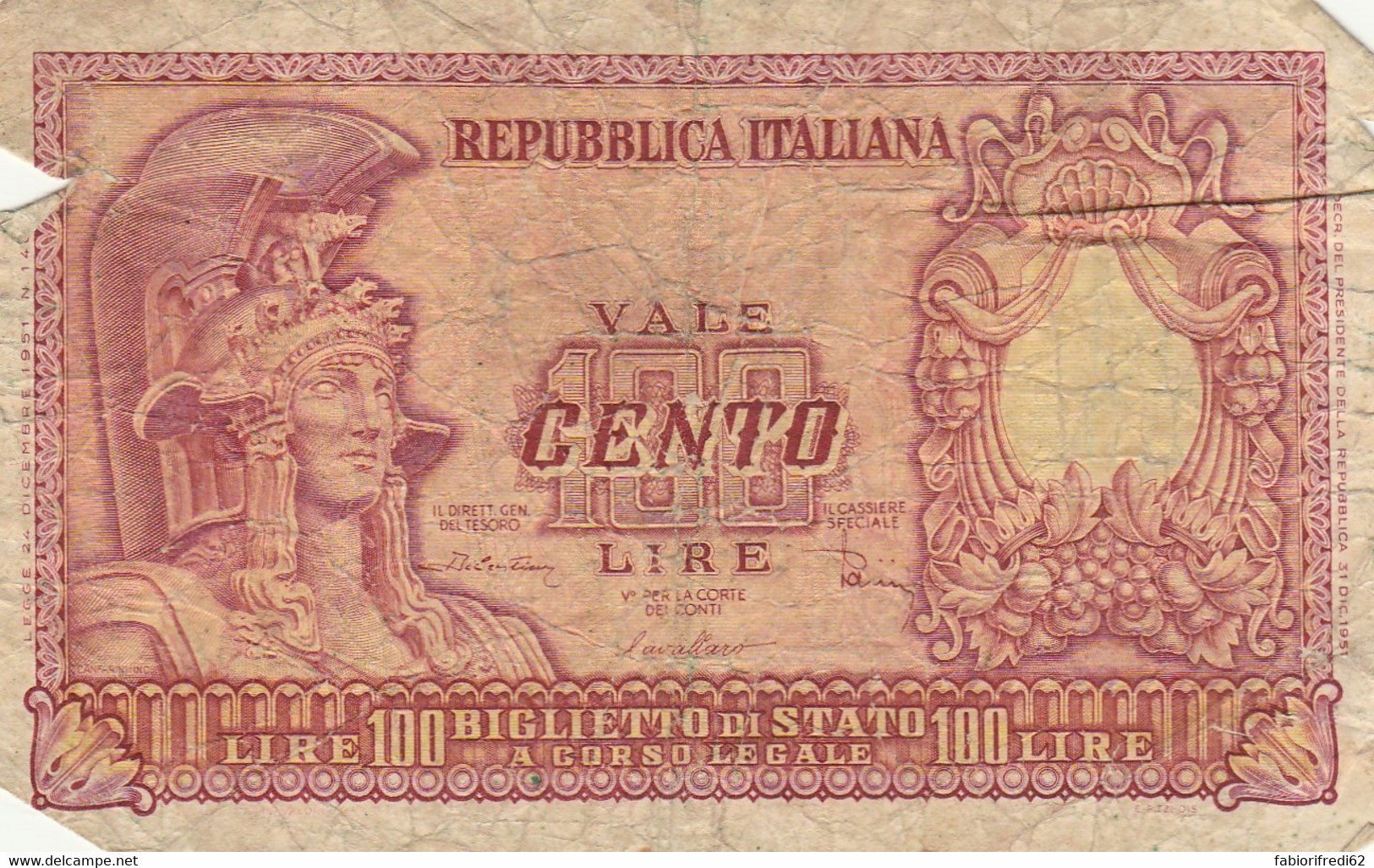 BANCONOTA ITALIA BIGLIETTO DI STATO REPUBBLICA L.100 F (RY5047 - 100 Lire