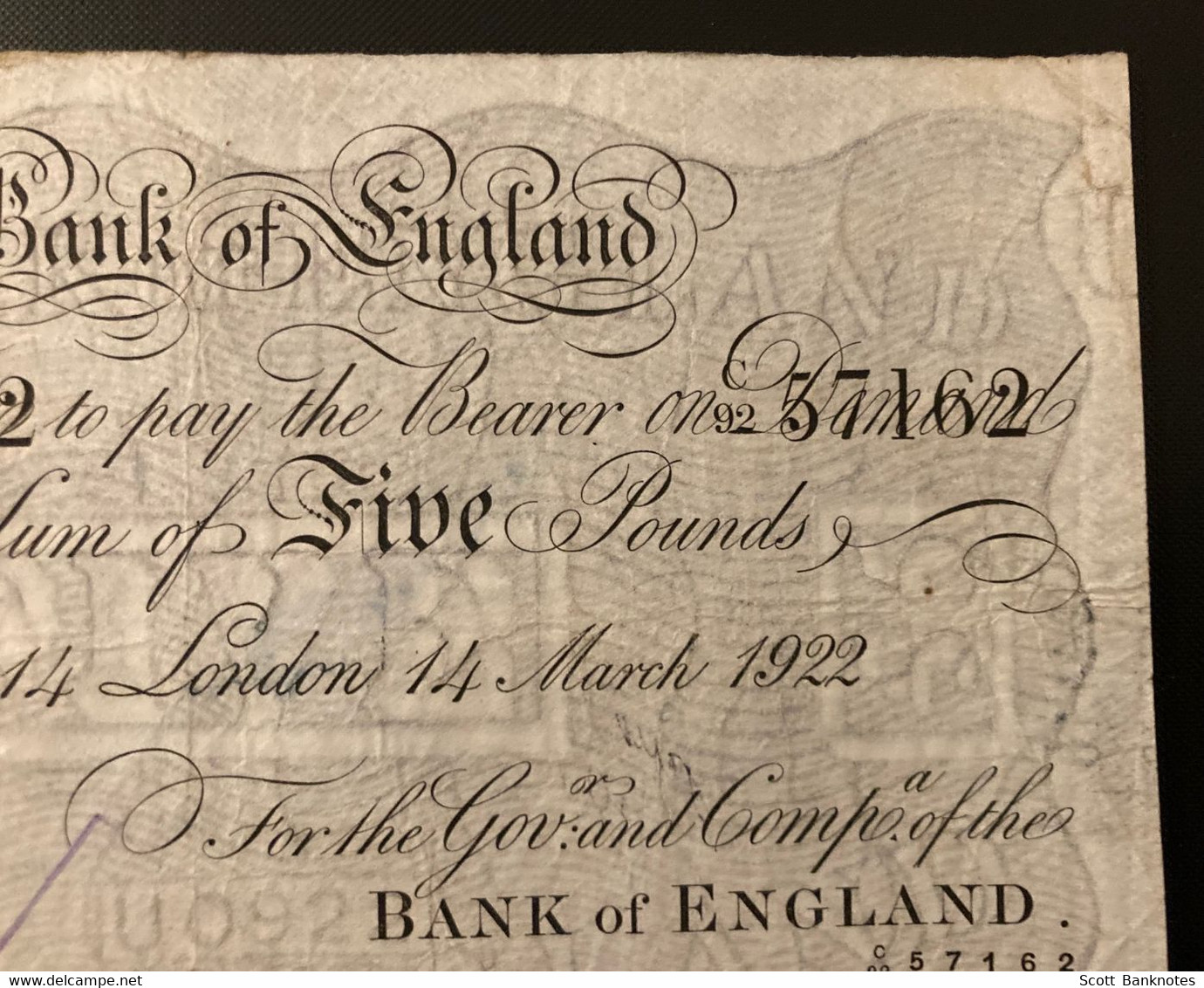 EMP 209a, Five Pounds, Harvey London 14 March 1922, Bank Of England, Serial C92 57162. - 5 Pounds