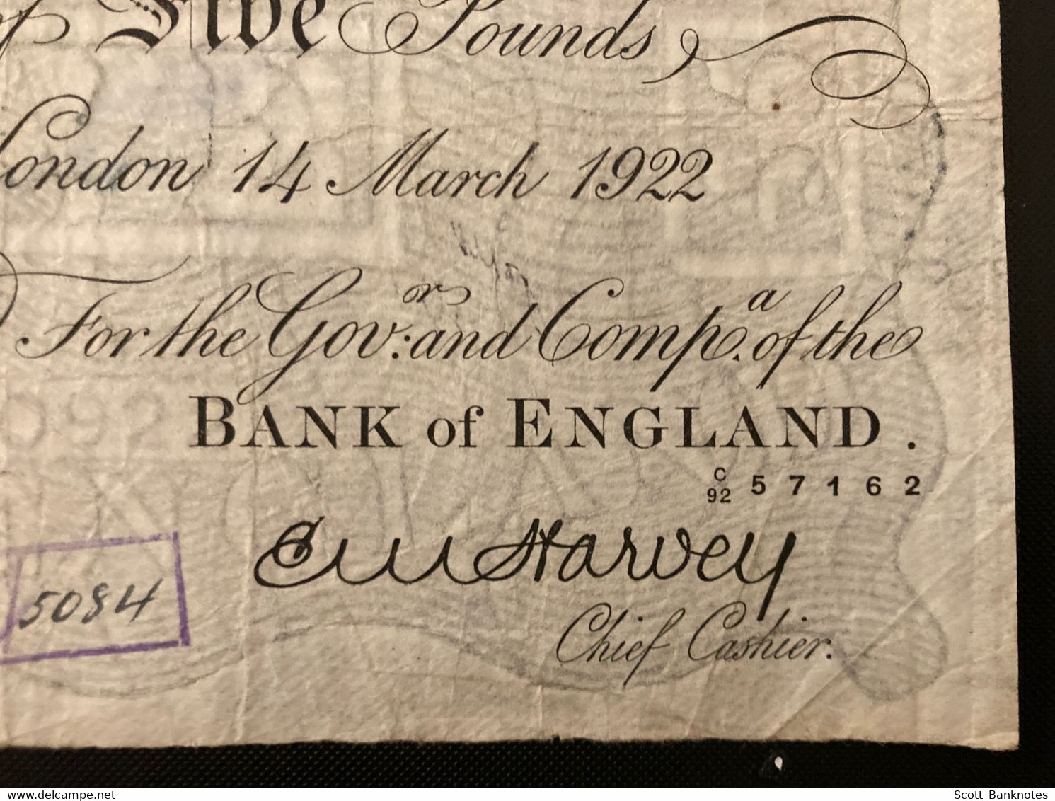 EMP 209a, Five Pounds, Harvey London 14 March 1922, Bank Of England, Serial C92 57162. - 5 Pounds