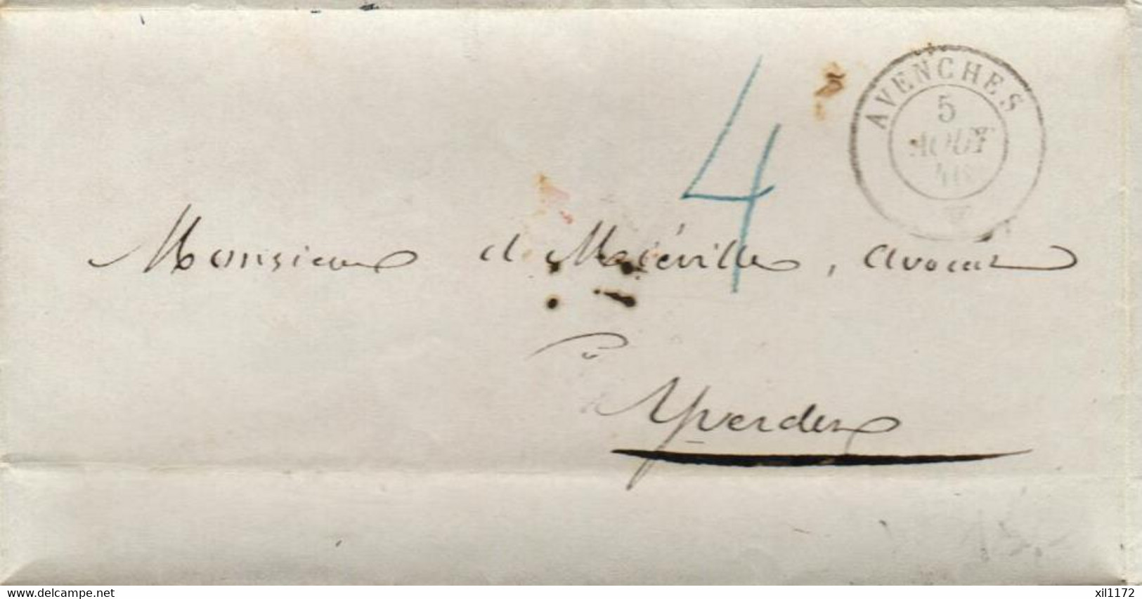 ZMO-02  Lettre Préphilatélique Avec Cachet Avenches 5 Août 1846 Et Au Dos Yverdon 6 Août 1846. - ...-1845 Préphilatélie