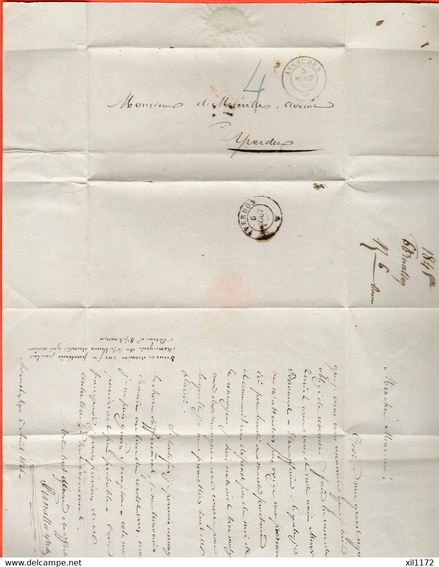 ZMO-02  Lettre Préphilatélique Avec Cachet Avenches 5 Août 1846 Et Au Dos Yverdon 6 Août 1846. - ...-1845 Voorlopers