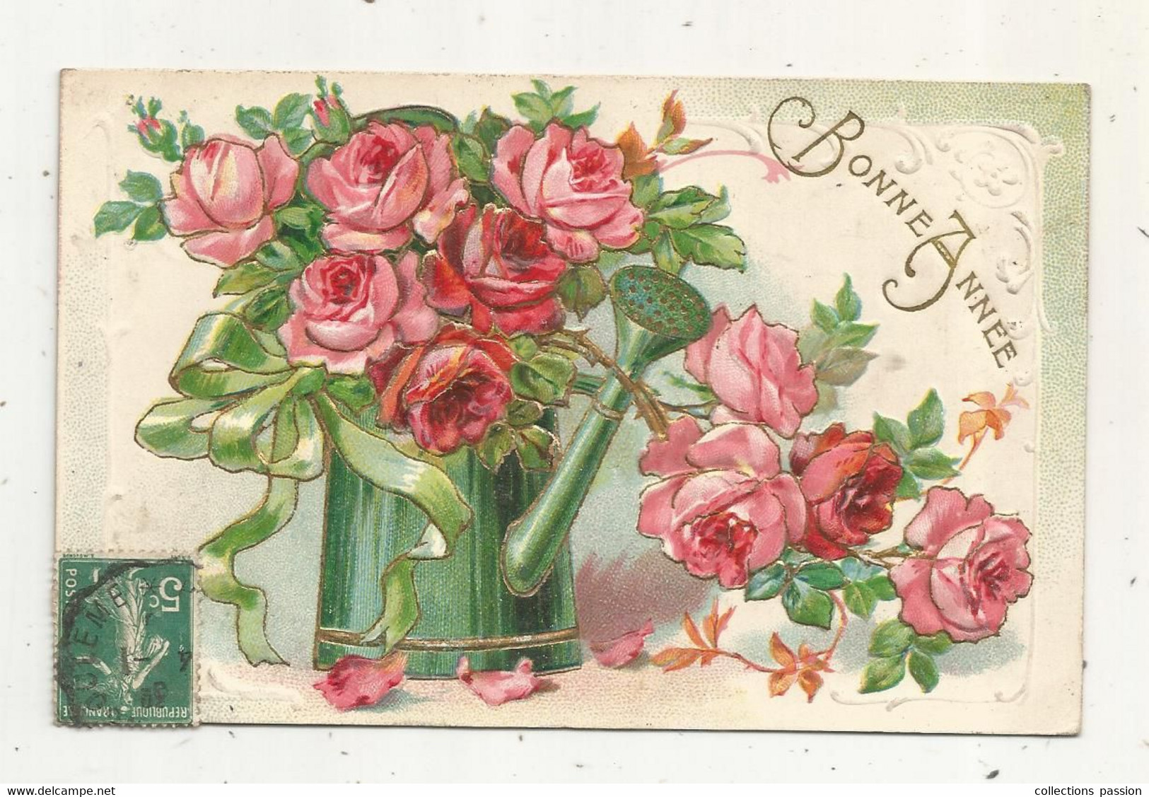 JC, Cp , Fleurs , Arrosoir , Gaufrée , BONNE ANNEE ,écrite ,ed. J.C. Paris N° 1615 - Fleurs