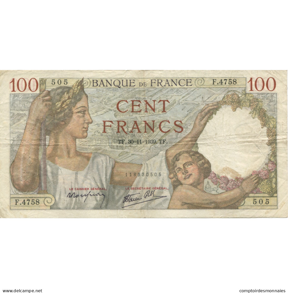 France, 100 Francs, Sully, 1939, 1939-11-30, TB+, Fayette:26.16, KM:94 - 100 F 1939-1942 ''Sully''