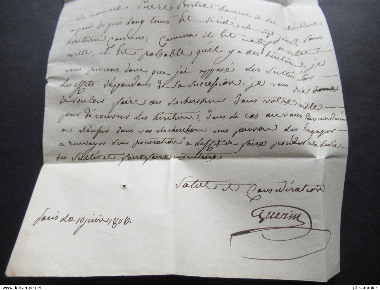 Frankreich Zeit von Napoleon Bonaparte 1806 Faltbrief Inhalt Etat Civil roter Stempel Paris an den Maire de Saumur