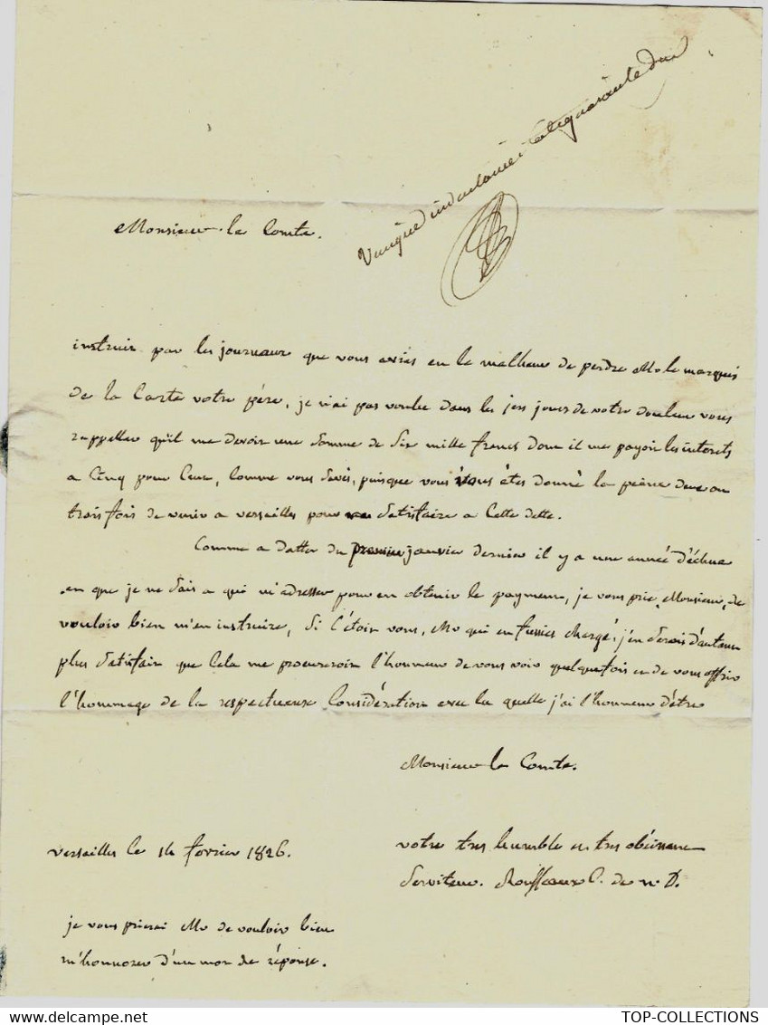 1826 Rouffeaux à Versailles => Le Comte De La Carte Chez Mr Bézion Palais Mazarin BNF Paris  Paris TEXTE INTERESSANT - Historical Documents