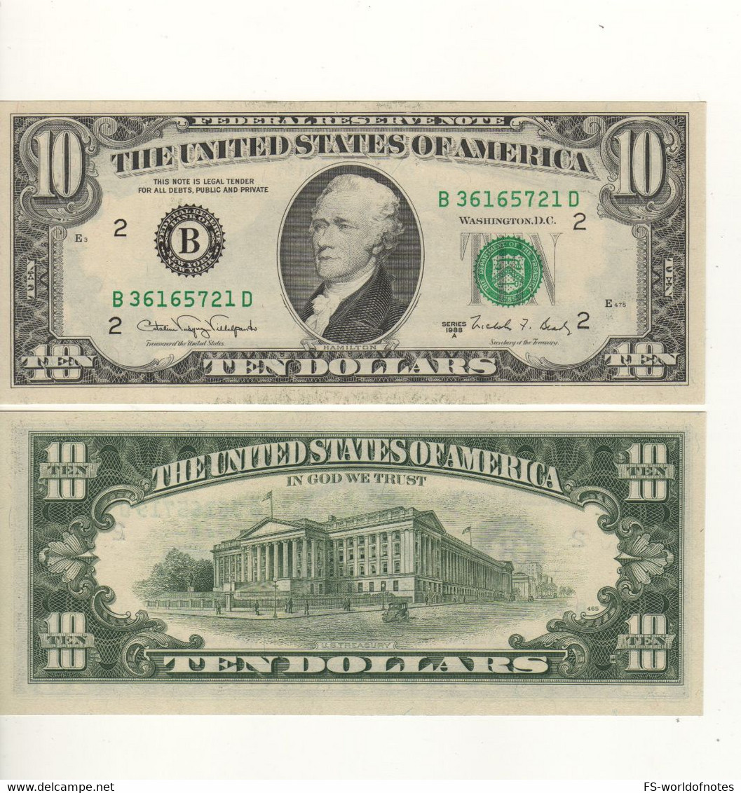 USA   10 Dollars    P482     Series 1988 A   ( Hamilton + U.S. Treasury At Back )   UNC - Biljetten Van De  Federal Reserve (1928-...)