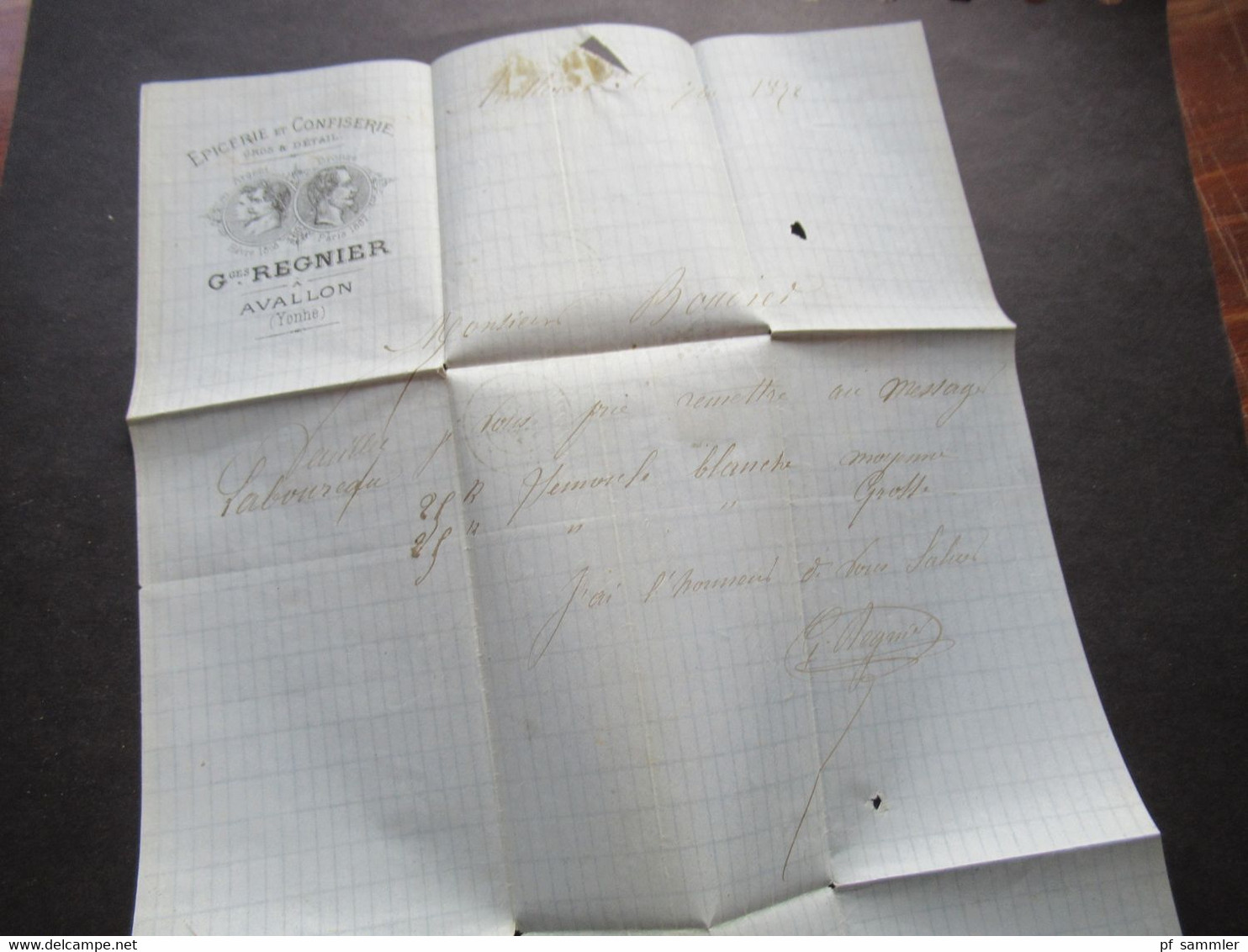 Frankreich 1872 Ceres Nr.51 EF Rauten Nummernstempel BP gedruckter Briefkopf Epicerie Ges Regnier Avallon Bahnpoststempe