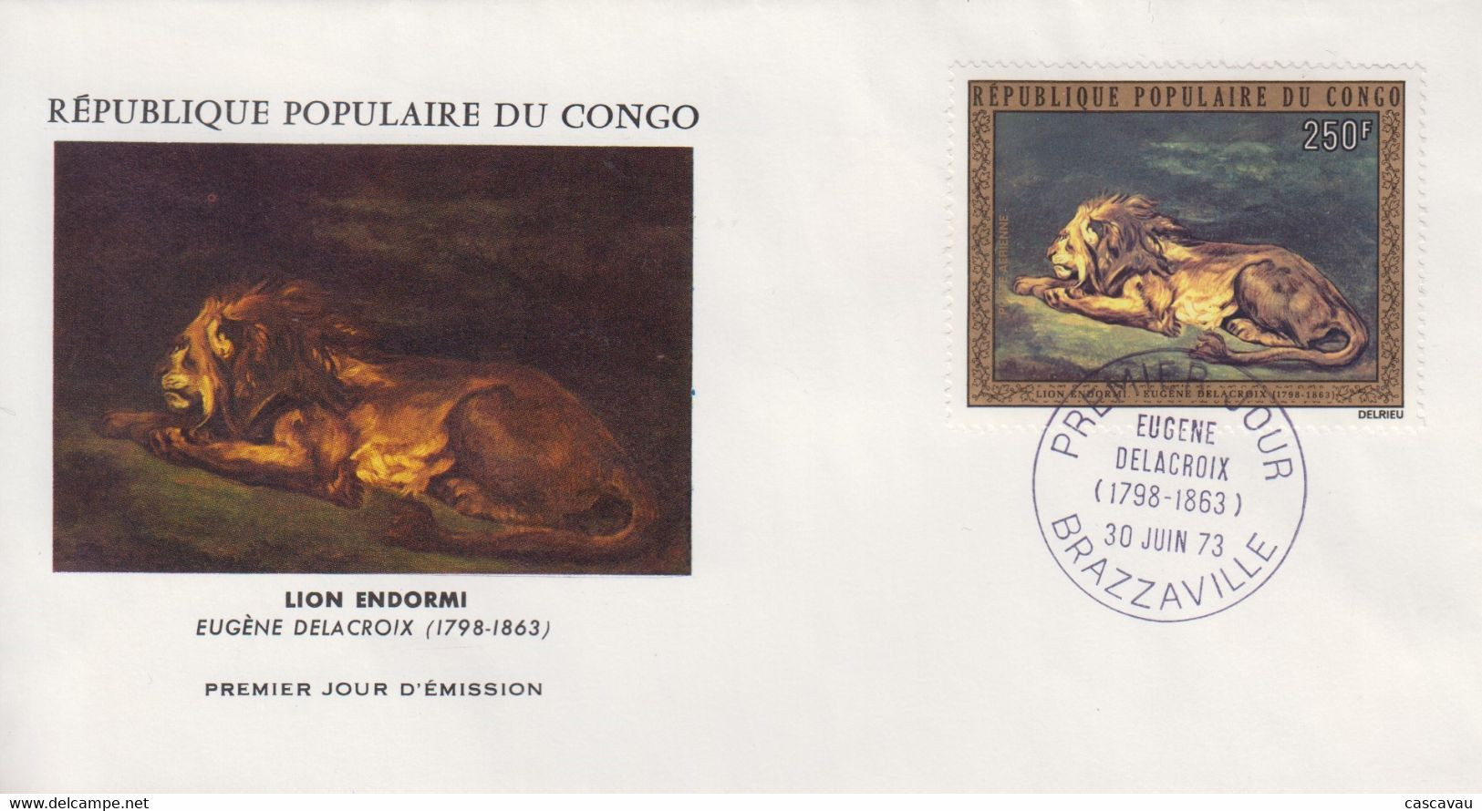 Enveloppe  FDC  1er  Jour   CONGO    Lion  Endormi     Oeuvre  De  Eugéne  DELACROIX   1973 - FDC
