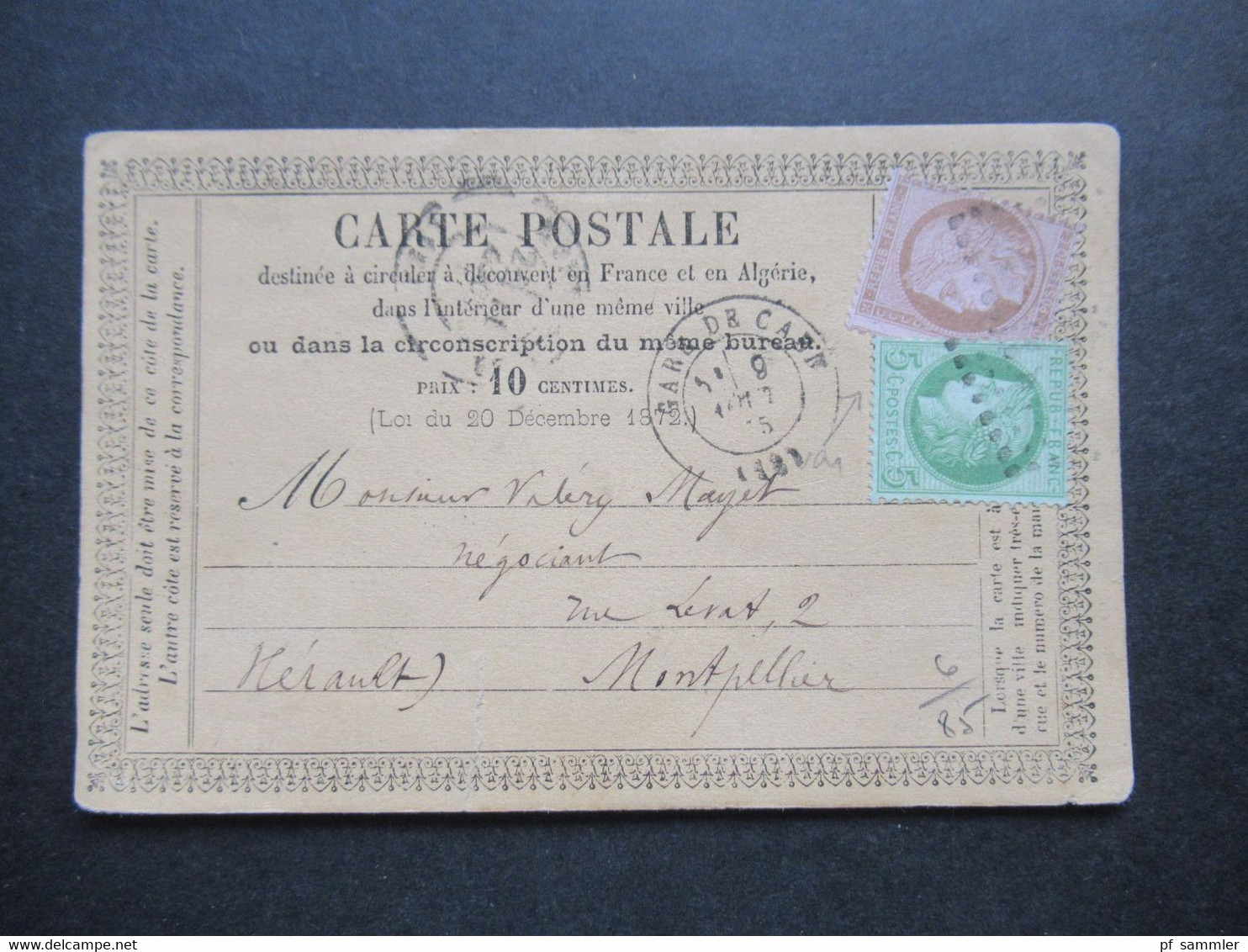 Frankreich 1875 Ceres Nr.48 Und Nr.49 MiF Auf Einer PK / Carte Postale Stempel Gare De Caen Nach Montpellier - 1871-1875 Ceres