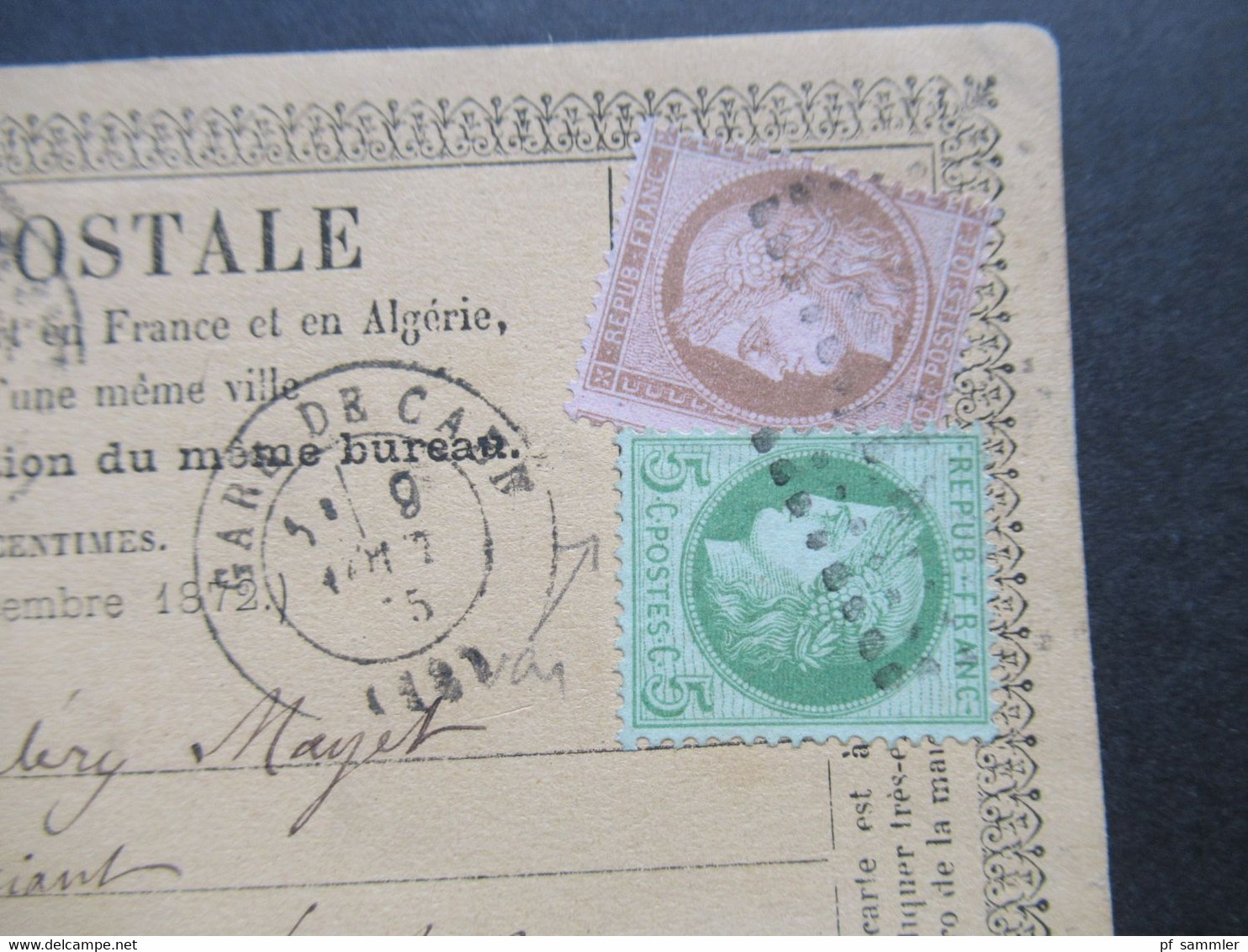 Frankreich 1875 Ceres Nr.48 Und Nr.49 MiF Auf Einer PK / Carte Postale Stempel Gare De Caen Nach Montpellier - 1871-1875 Cérès