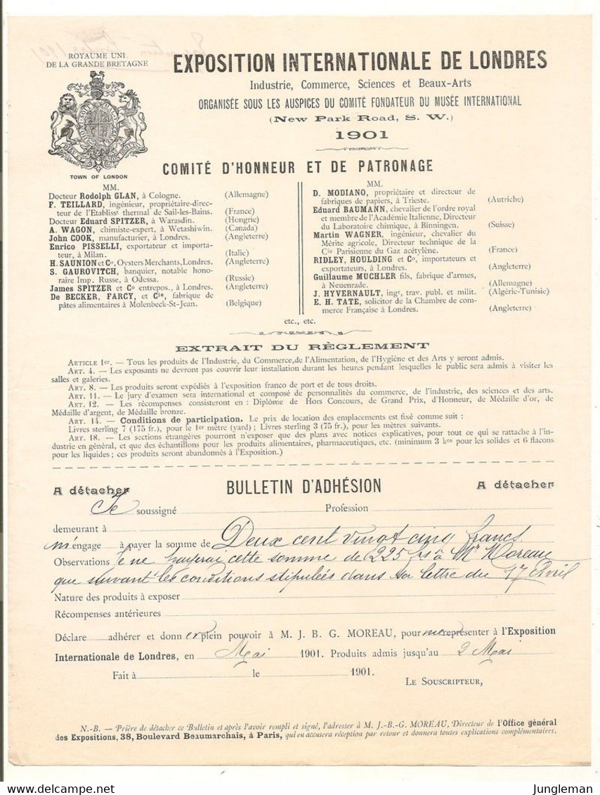 Vieux Papier - Exposition Internationale De Londres - Comité D'Honneur Et De Patronage - Bulletin D'Adhésion - Mai 1901 - Royaume-Uni