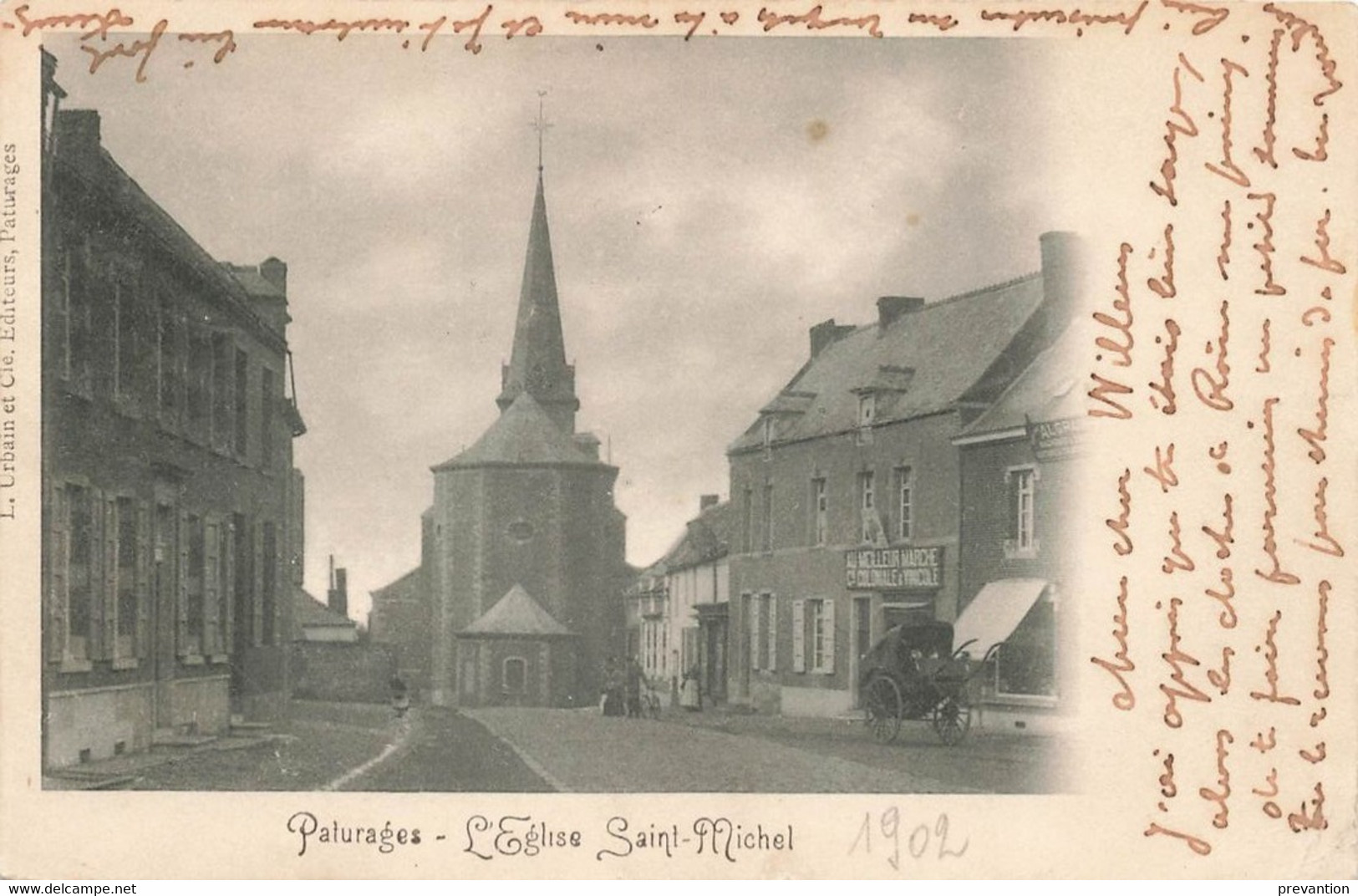 PATURAGES - L'Eglise Saint Michel (avec Sur La Droite "Au Meilleur Marché" Cie Coloniale - Superbe Carte Circulé En 1902 - Colfontaine