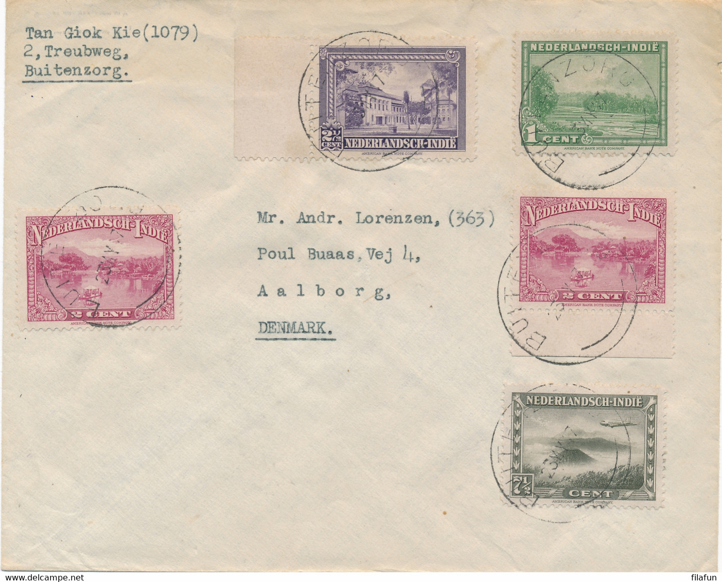 Nederlands Indië - 1947 - 5 Zegels Uit Bevrijdingsserie Op Cover Van Bu-X Buitenzorg Naar Aalborg / Danmark - India Holandeses