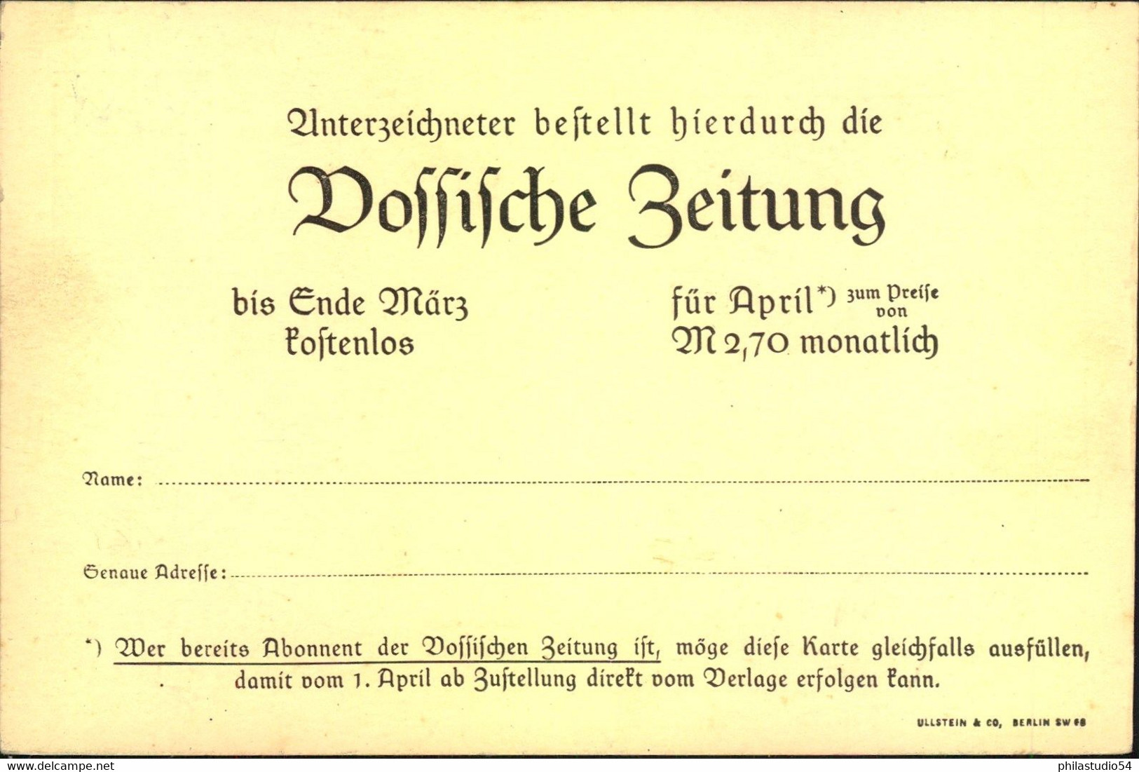 1910 Ca.,    Privatganzsachenkarte Sld Bestellkarte Der Vossíschen Zeitung - Altri & Non Classificati
