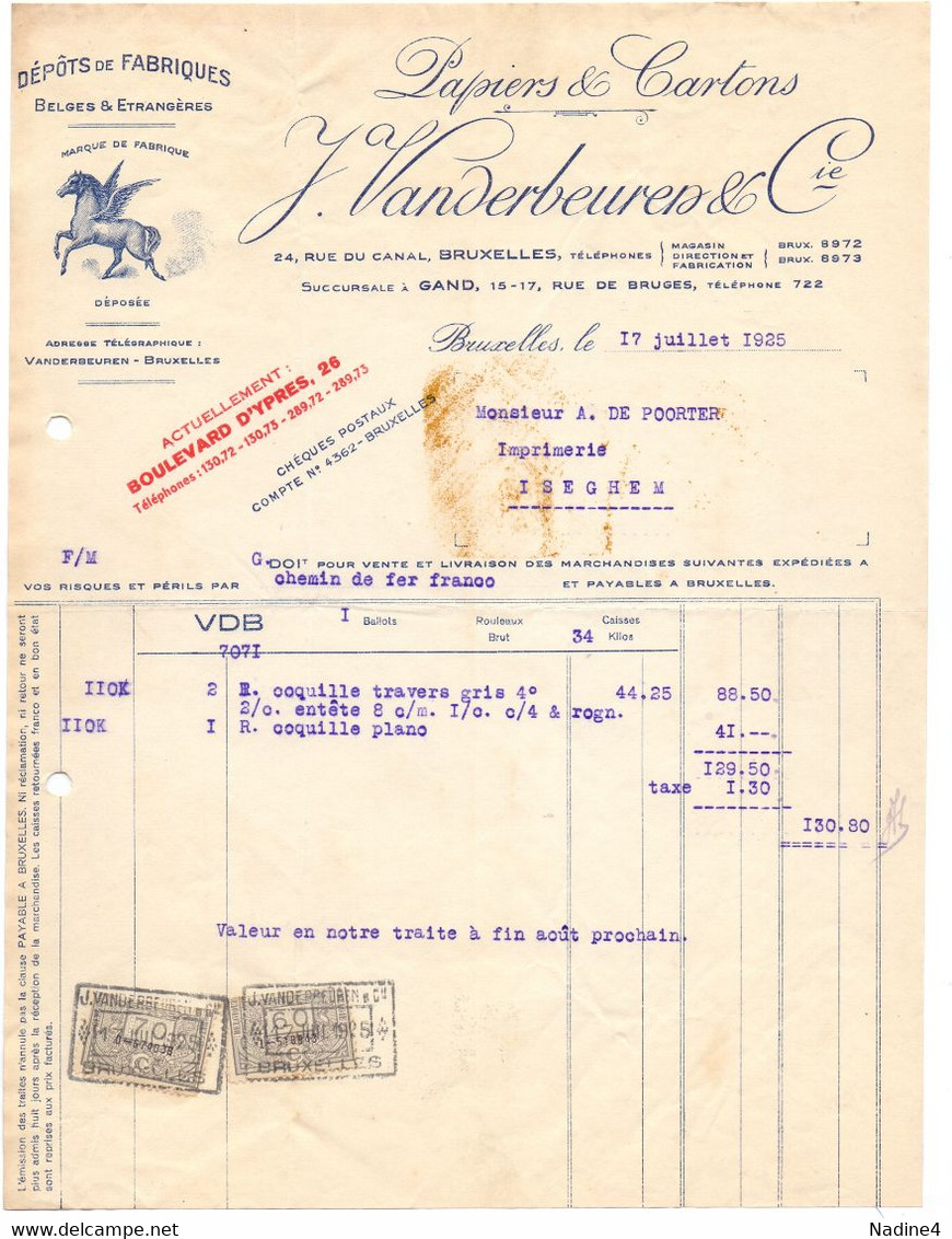 Factuur Facture - Bruxelles - Papiers & Cartons J. Vanderbeuren & Cie - 1925 - Imprenta & Papelería
