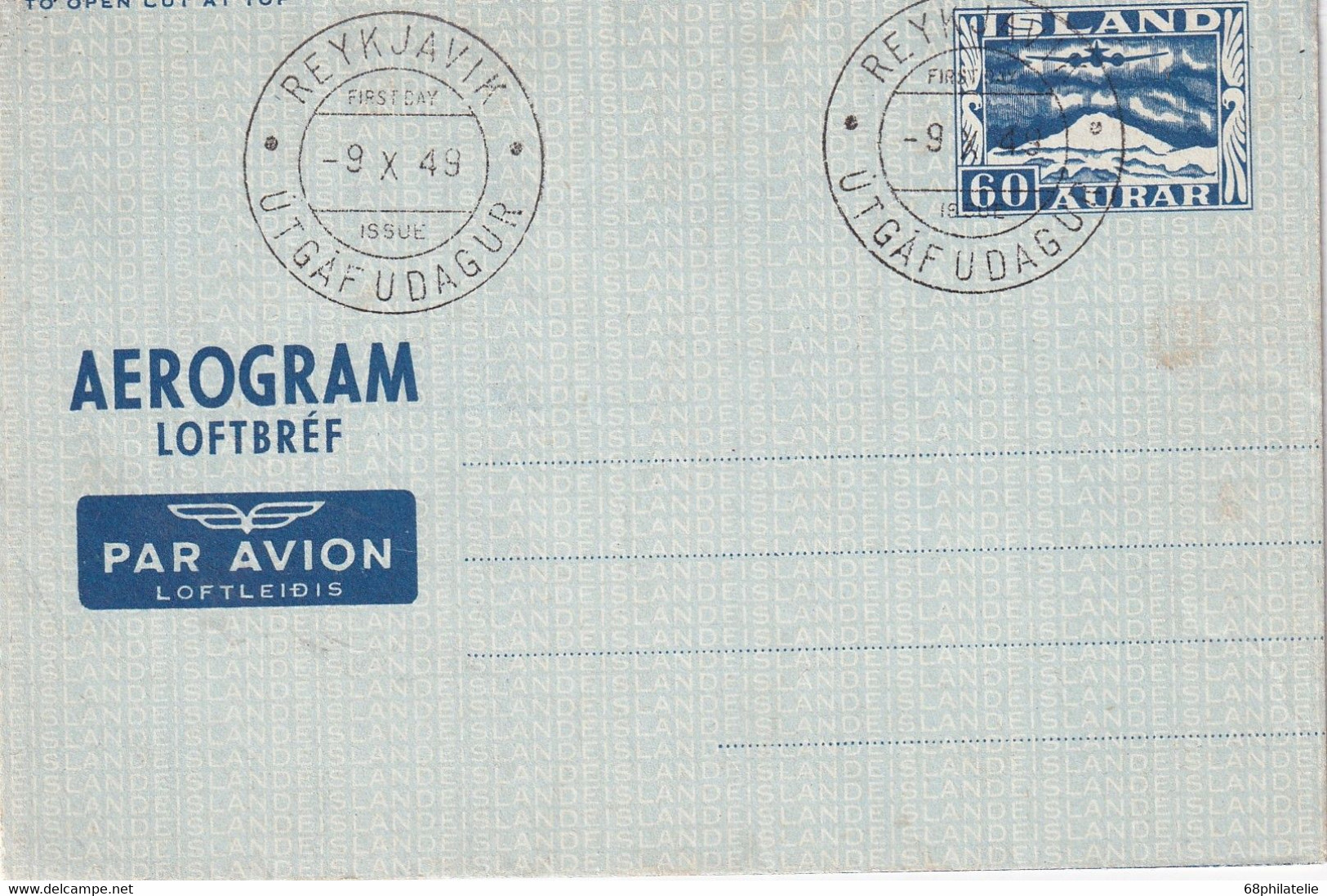 ISLANDE 1949    ENTIER POSTAL/GANZSACHE/POSTAL STATIONERY AEROGRAMME DE REYKJAVIK - Interi Postali