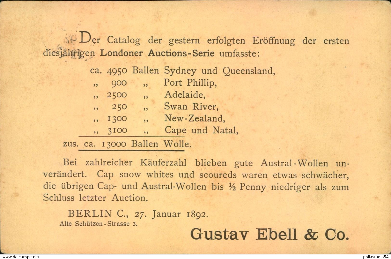 1892, Privatganzsachenkarte  Wollauktion   G. Ebel, Berlin - Andere & Zonder Classificatie
