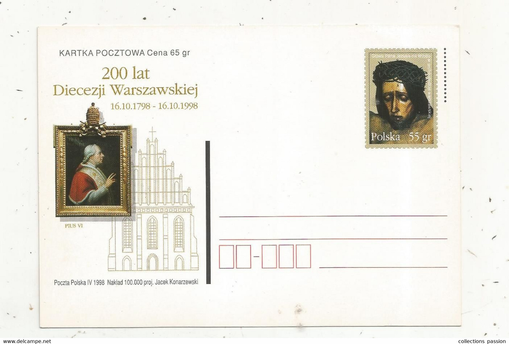 Entier Postal , POLOGNE , POLSKA , 1998, 200 Lat Diecezji Warszawskiej , 1798-1998, PIUS VI - Stamped Stationery