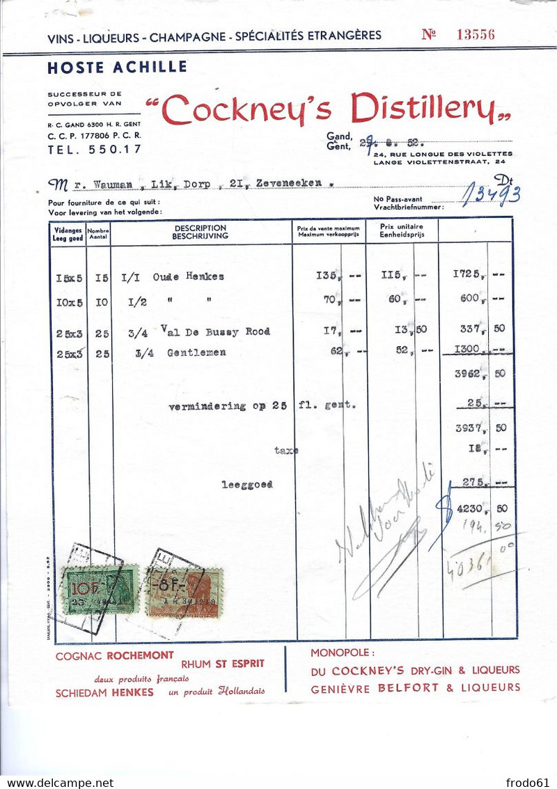 STOOMLIKEURSTOKERIJ COCKNEY'S DISTILLERY, 1952, Model  2 - Facturas