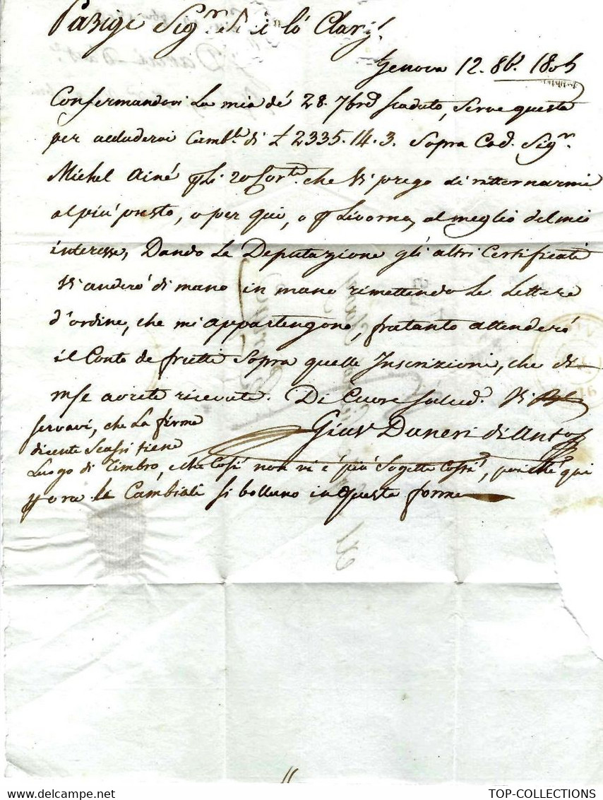 De Gènes Genova 1805 LETTRE Signée Pour Nicolas Clary Banque Famille De Joseph Bonaparte  Paris - Italie