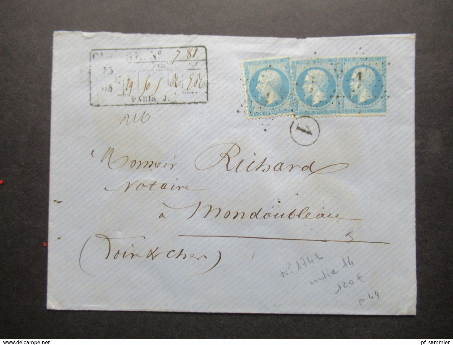 Frankreich 1864 Napoléon Michel Nr.21 (3) MeF Auf Charge Brief / Wertbrief Sternstempel Mit Nummer 1 Paris - 1862 Napoleon III