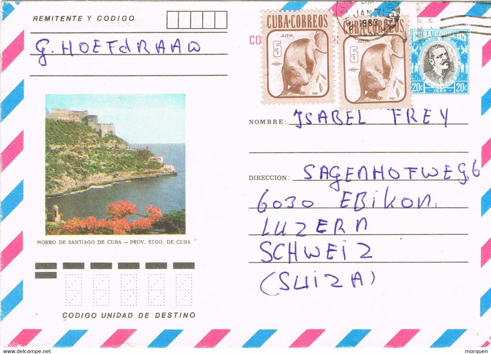 44347. Entero Postal Aereo HABANA (Cuba) 1983. Morro Santiago Cuba. MACEO - Lettres & Documents