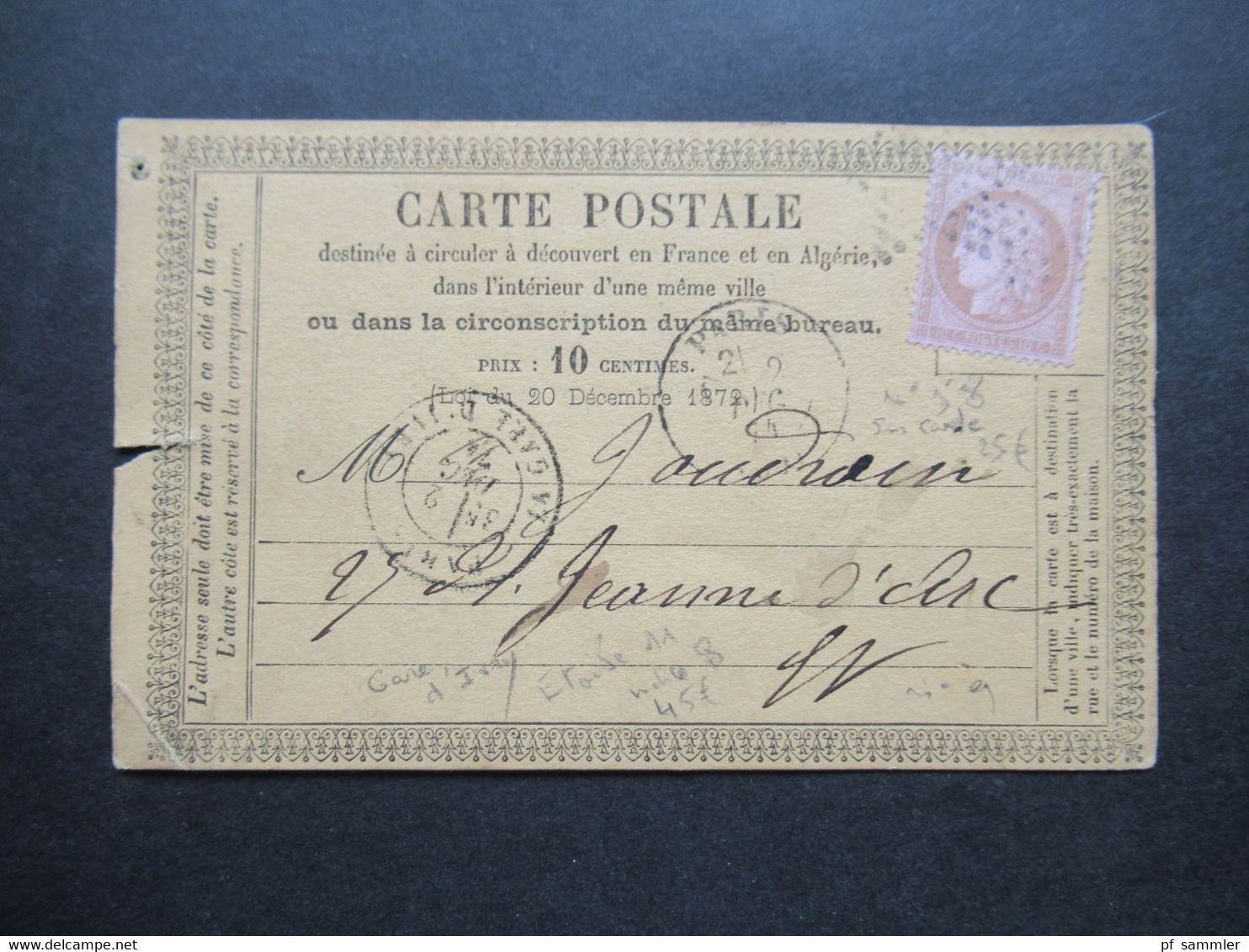 Frankreich 1874 Ceres Nr.49 EF Auf Carte Postale Mit Stempel Paris La Gare D'Ivry Und Sternstempel - 1871-1875 Cérès