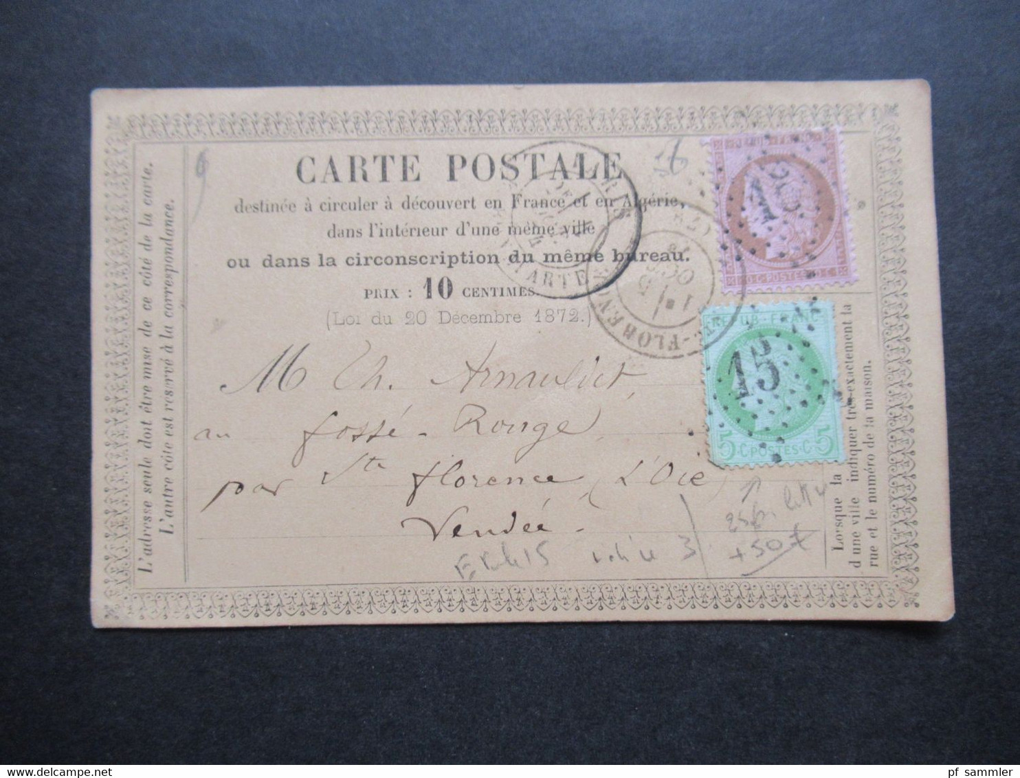 Frankreich 1874 Ceres Nr.48 Und Nr.49 MiF Auf Carte Postale Mit Sternstempel Mit Nummer 15 Nach Florence - 1871-1875 Ceres