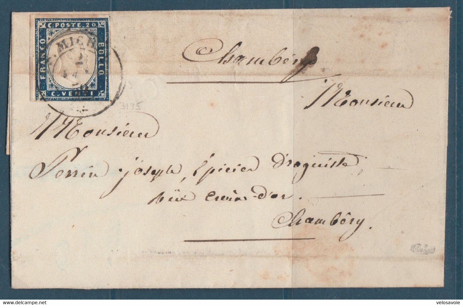 20c BLEU OBLITERE CAD SARDE DE ST MICHEL SAVOIE SUR LETTRESIGNE CALVES INDICE 21A - Sardinië