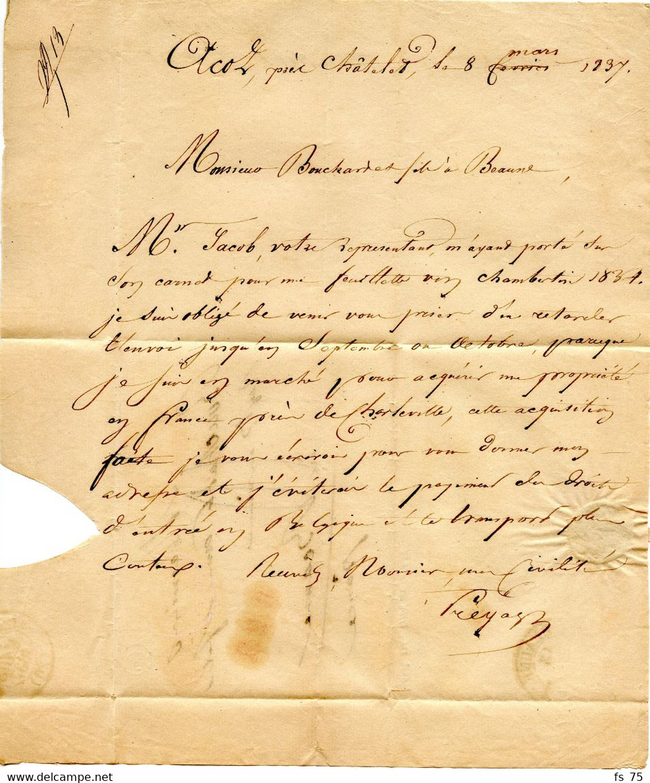 BELGIQUE - CAD CHARLEROY + BOITE O SUR LETTRE AVEC CORRESPONDANCE DE ACOZ PRES CHATELET POUR LA FRANCE, 1837 - 1830-1849 (Onafhankelijk België)