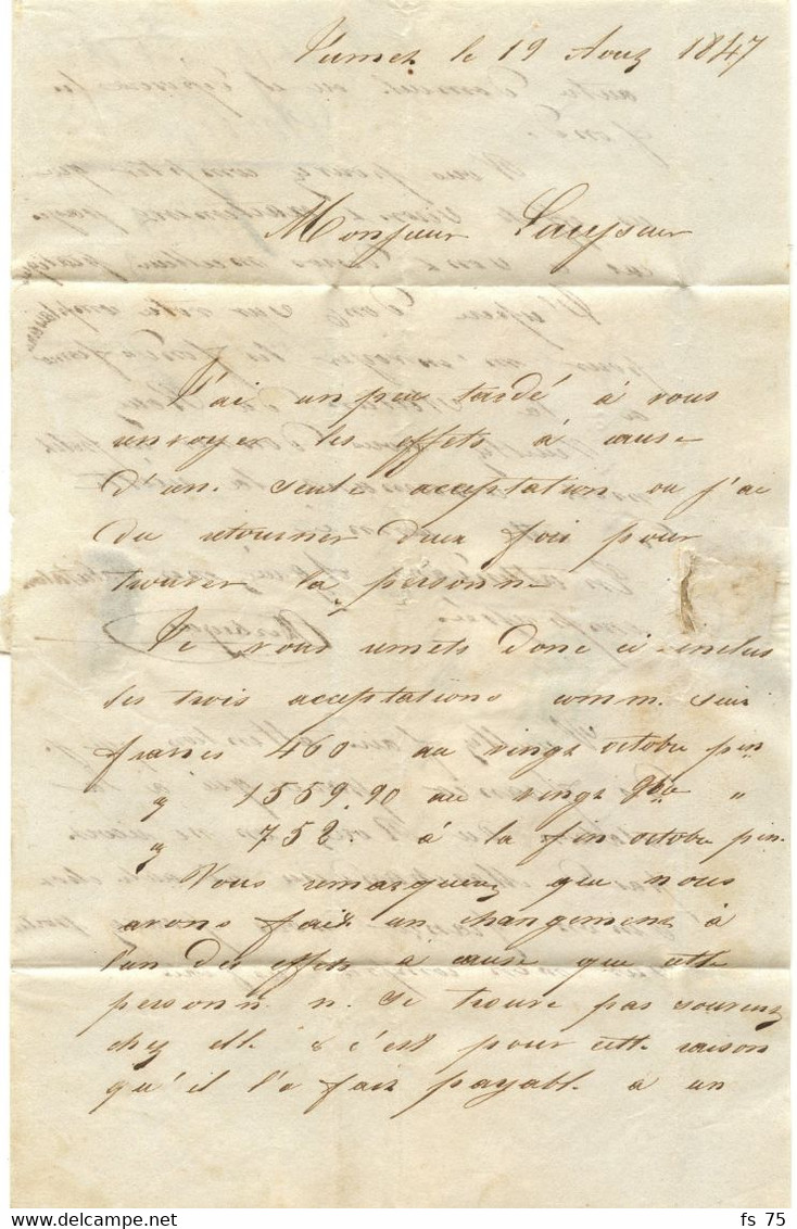 CAD CHARLEROY + SR + BOITE Y SUR LETTRE AVEC CORRESPONDANCE DE JUMET POUR LA FRANCE, 1847 - 1830-1849 (Independent Belgium)