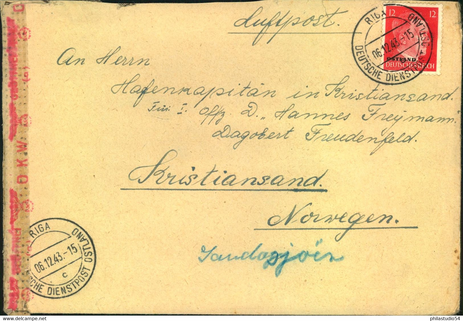 1944, Zensurbrief Ab RIGA, Dienstpost Ostland An Den Hafenkapitän  In Christiania - Autres & Non Classés