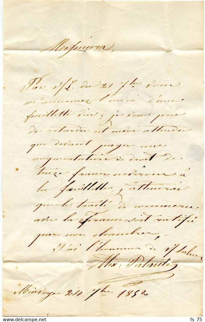 BELGIQUE - CAD DINANT + SR + BOITE B SUR LETTRE AVEC CORRESPONDANCE DE MIAVOYE, 1852 - Other & Unclassified