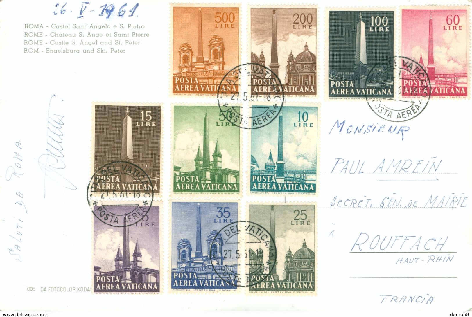 Carte Postale 13x19 ROME Château Italie Timbres Du Vatican Belle Avec Série De 6 Timbres 1961 Un Pli Angle Gauche (haut) - Brieven En Documenten