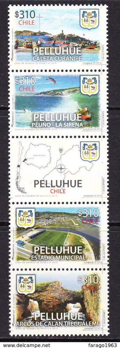 2015 Chile Pelluhue Football Stadium Map Tourism Complete Strip Of 5  MNH - Cile