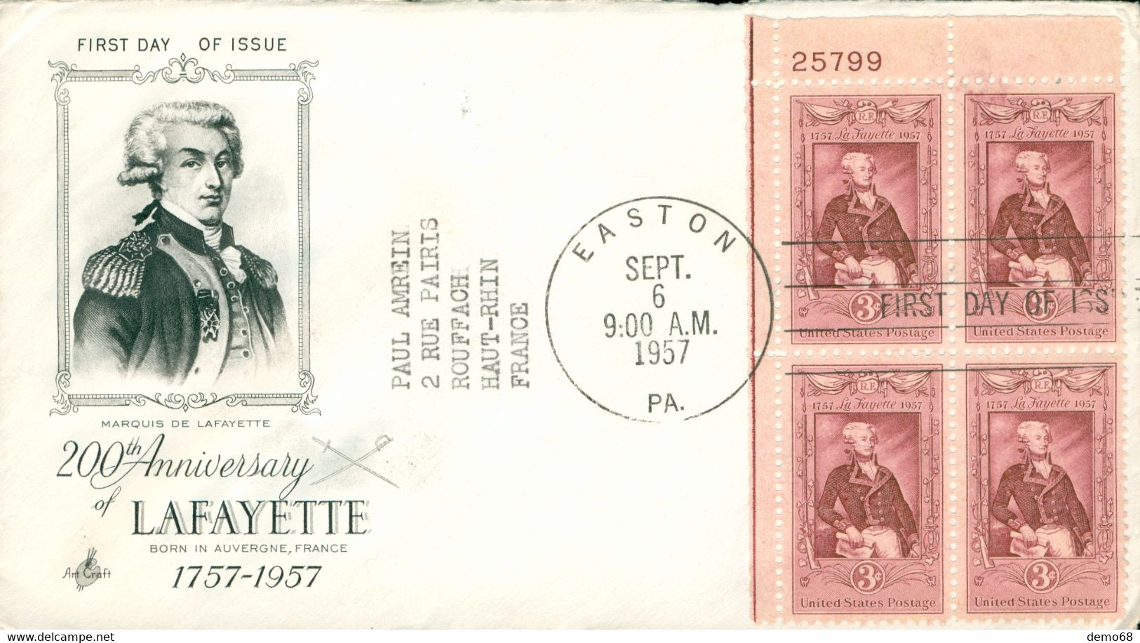 Stamp U.S.A. 200 Ans Anniversary LAFAYETTE Easton F.D.C. 6 SEPT; 1957 BLOC 4 Timbres Sur Enveloppe - 1951-1960