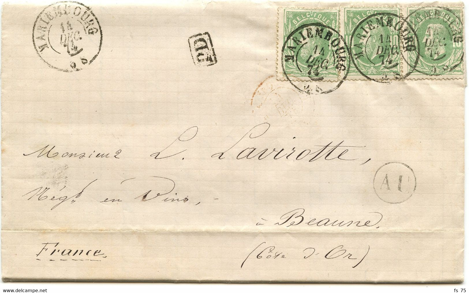 BELGIQUE N°30 (YVERT) X3 CAD MARIEMBOURG + BOITE AU SUR LETTRE AVEC CORRESPONDANCE DE FRASNES POUR LA FRANCE, 1874 - Posta Rurale