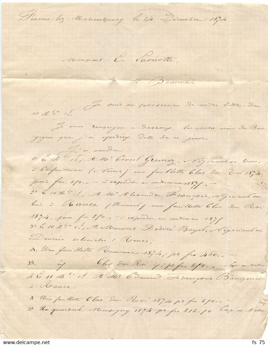 BELGIQUE N°30 (YVERT) X3 CAD MARIEMBOURG + BOITE AU SUR LETTRE AVEC CORRESPONDANCE DE FRASNES POUR LA FRANCE, 1874 - Correo Rural