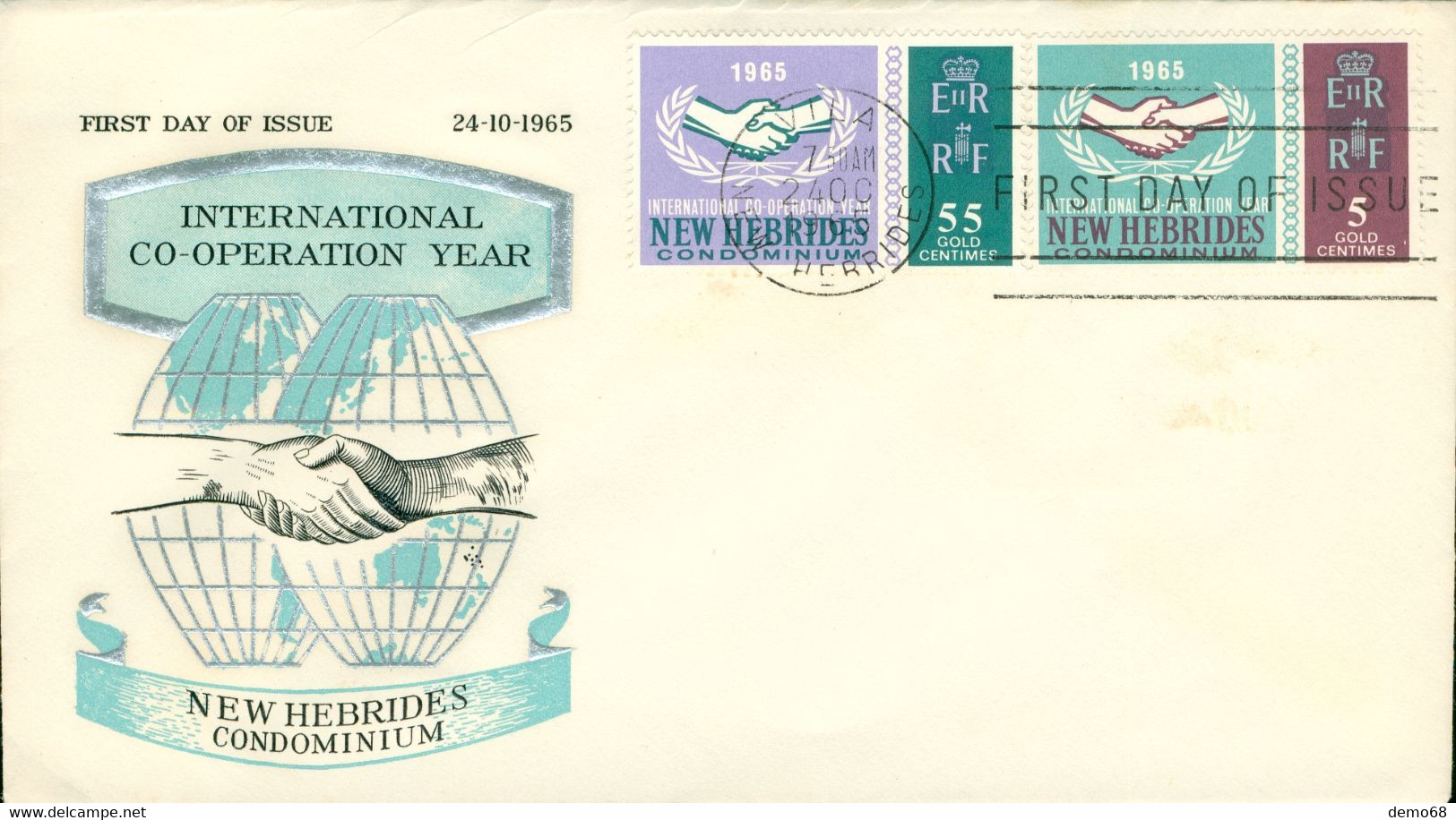 Stamp VANUATU New  Hebrides Condominium F.D.C. 24.10.1965 2 Timbres Sur Enveloppe First Day Of Issue Intern. Coop - Vanuatu (1980-...)