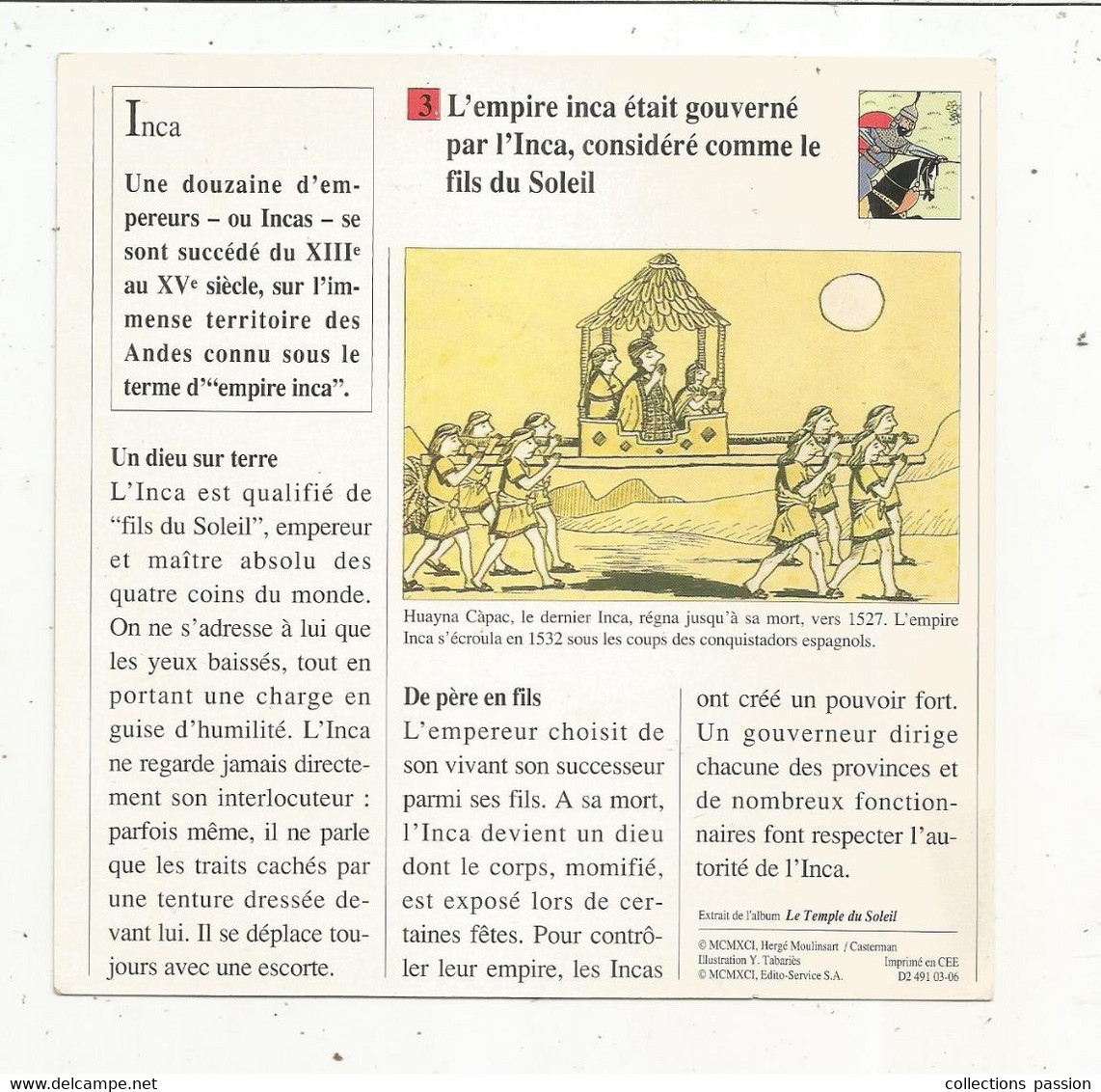 Fiche Illustrée BD,1991,Hergé Moulinsart / Casterman, TINTIN, Le Temple Du Soleil, Inca, 150x150 Mm, Frais Fr 1.65e - Andere & Zonder Classificatie