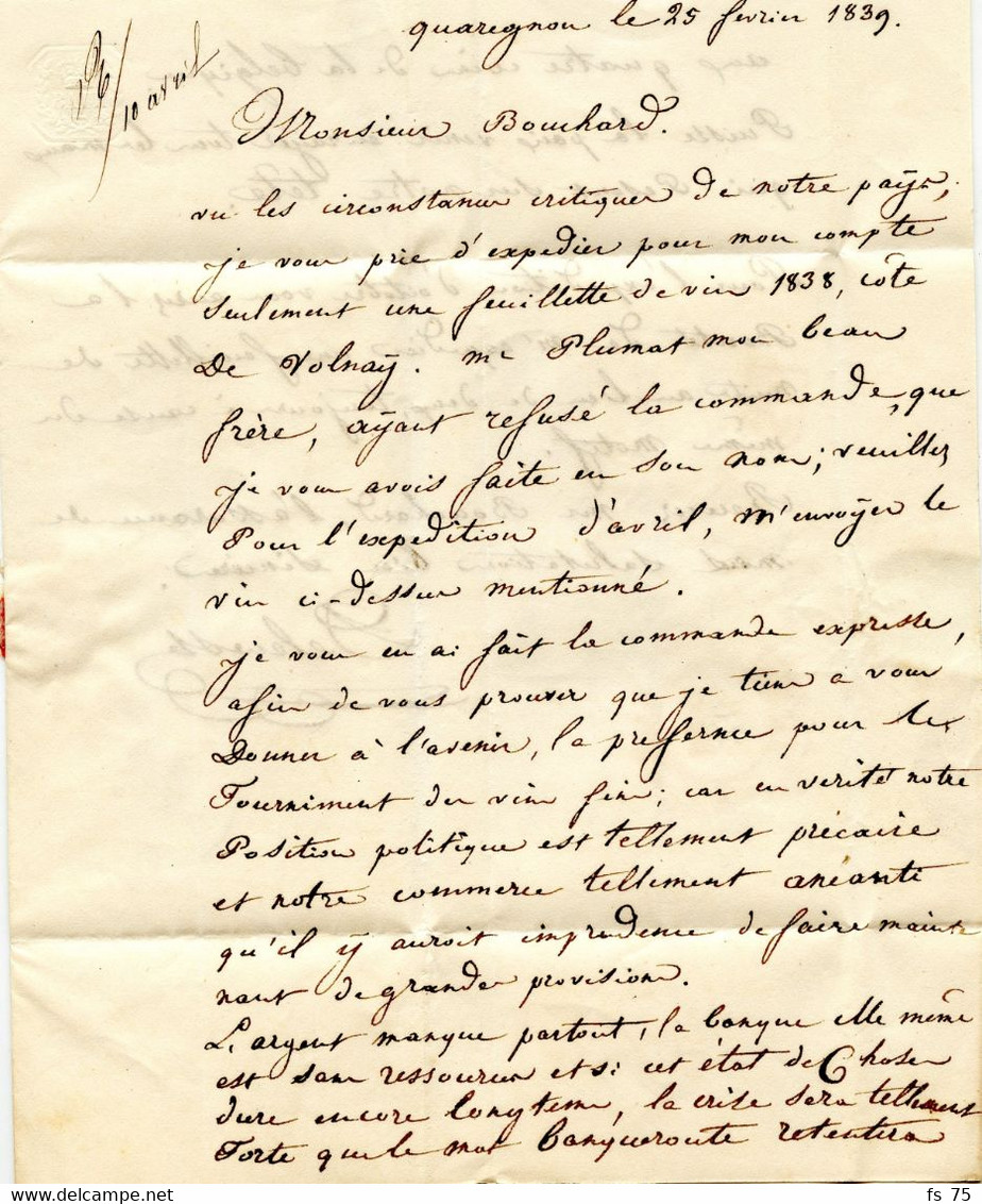 BELGIQUE - CAD MONS + SR + BOITE B SUR LETTRE AVEC CORRESPONDANCE DE QUAREGNON POUR LA FRANCE, 1839 - 1830-1849 (Unabhängiges Belgien)