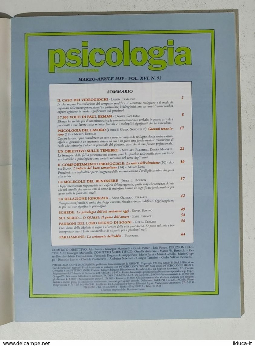 13917 Psicologia Contemporanea - Nr 92 1989 - Ed. Giunti - Médecine, Psychologie