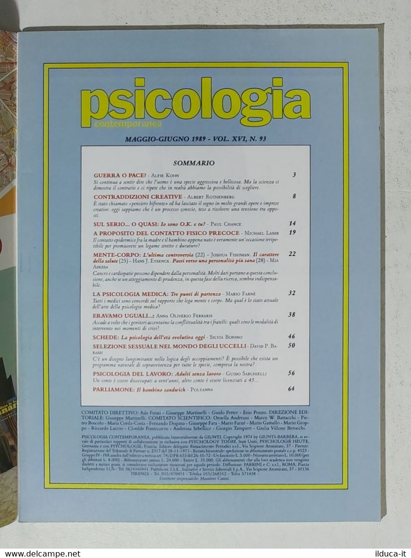 13920 Psicologia Contemporanea - Nr 93 1989 - Ed. Giunti - Médecine, Psychologie