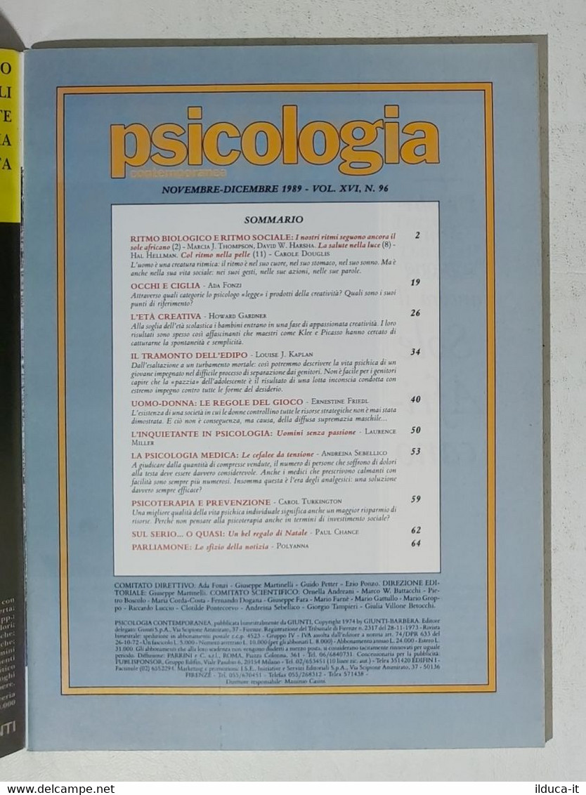 13929 Psicologia Contemporanea - Nr 96 1989 - Ed. Giunti - Medecine, Psychology