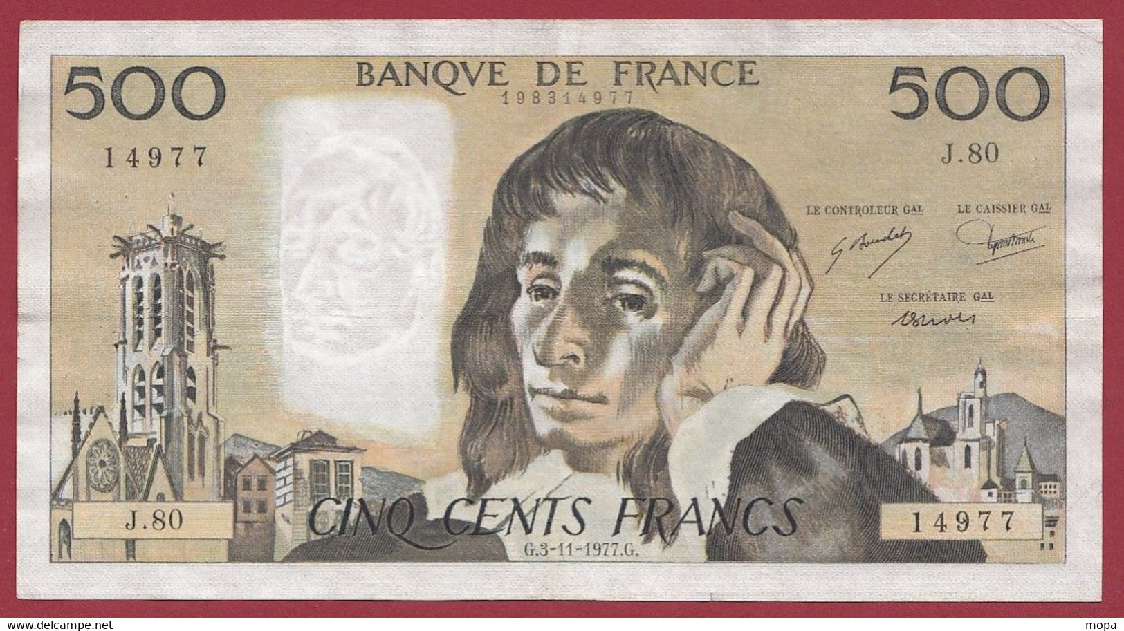 France 500 Francs "Pascal" Du 03/11/1977.G --ALPH.J.80--(PRIX DE DEPART MINUS) --TTB  (762) - 500 F 1968-1993 ''Pascal''