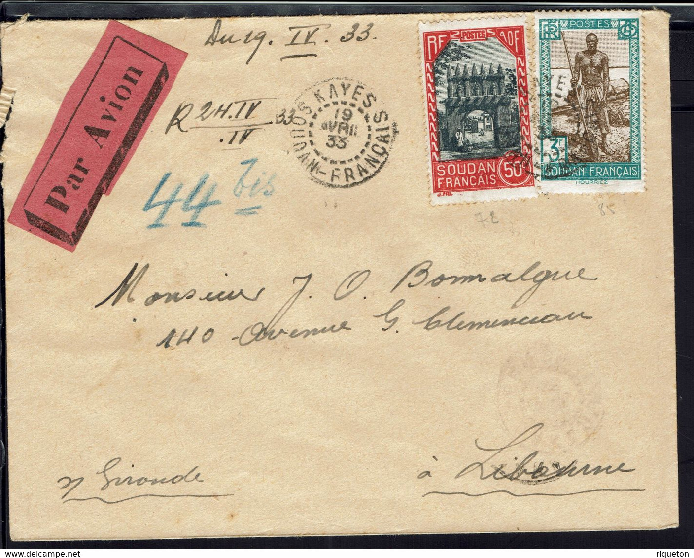 Soudan - Enveloppe De Kayes Du 19 Avril 1933 Affranchie à 3.50 F Pour La France - B/TB - - Lettres & Documents