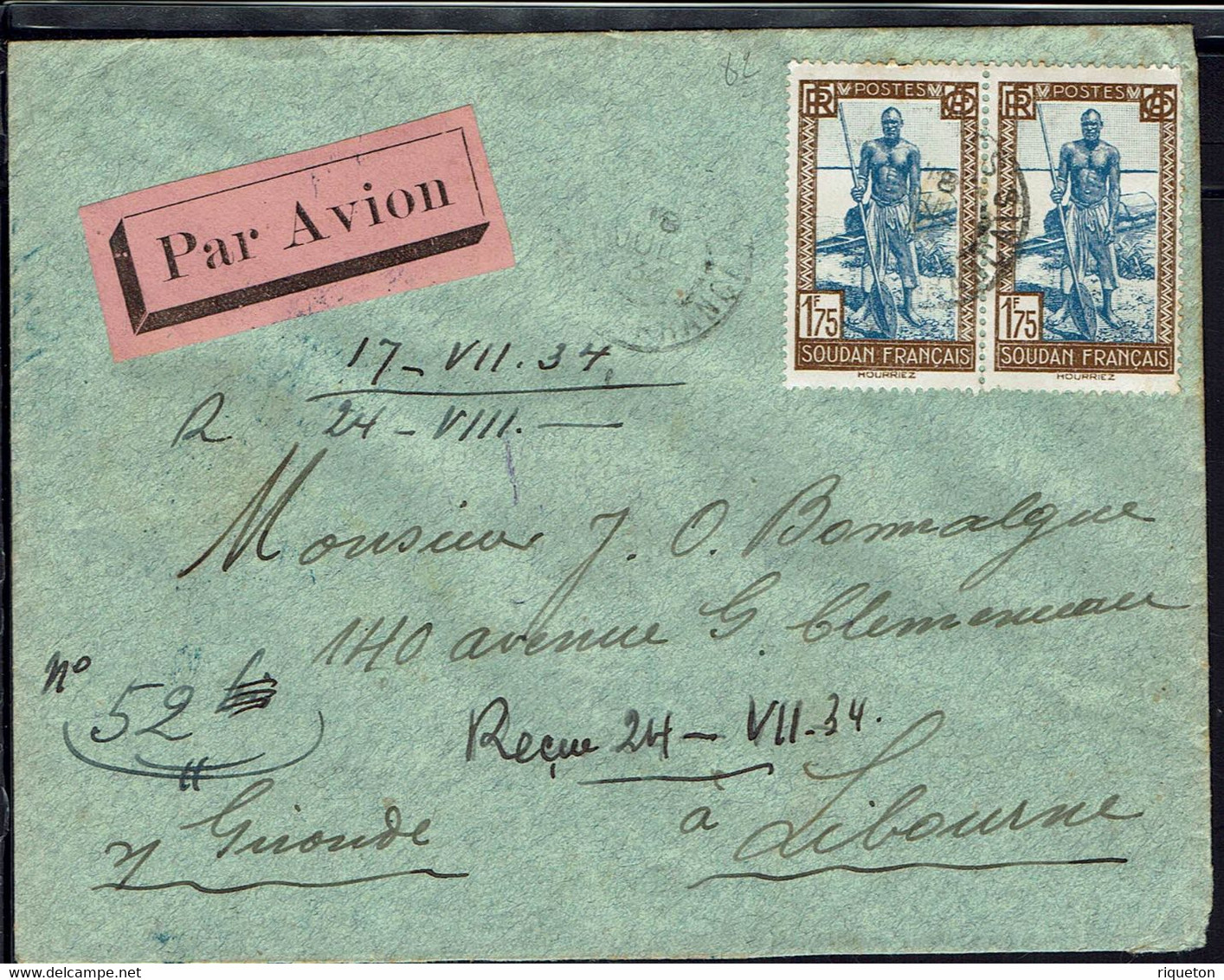 Soudan Fr. - Affranchissement N° 82 X 2 Pour 3.50 F Sur Enveloppe De Kayes DU 18 Juillet 1934 Vers La France - B/TB - - Covers & Documents