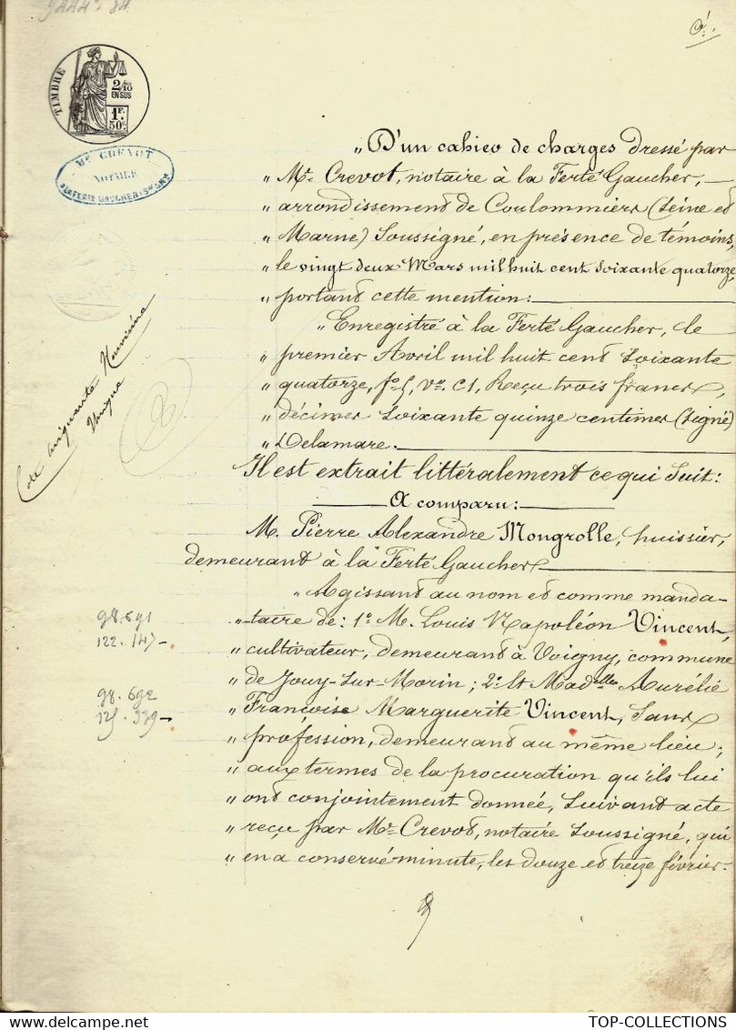 1874  ADJUDICATION VENTE DE BIENS  La Ferté Gaucher Seine Et Marne Acte Notarié 58 PAGES Voir LISTE DES NOMS VOIR SCANS - Historical Documents